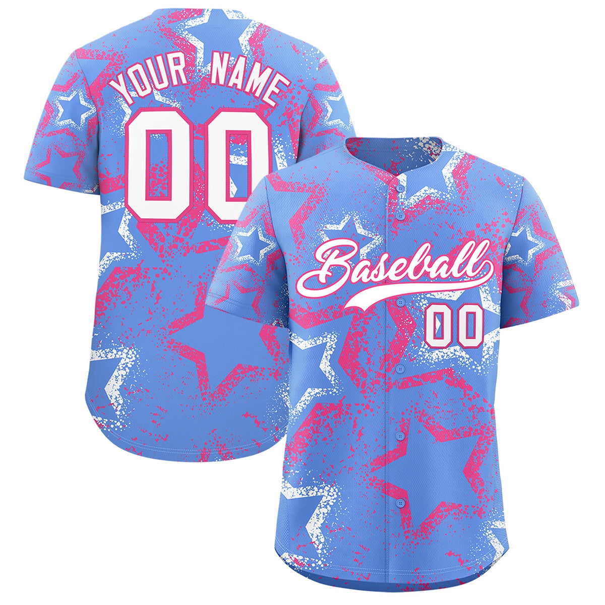 Custom Light Blue White Pink Star-Shaped Ink Texture Graffiti Pattern Baseball Jersey | Sublimation Printed &amp; Stitched,Add Name and Numbern,Perfect for Parties,Perfect for Training | KXKSHOP