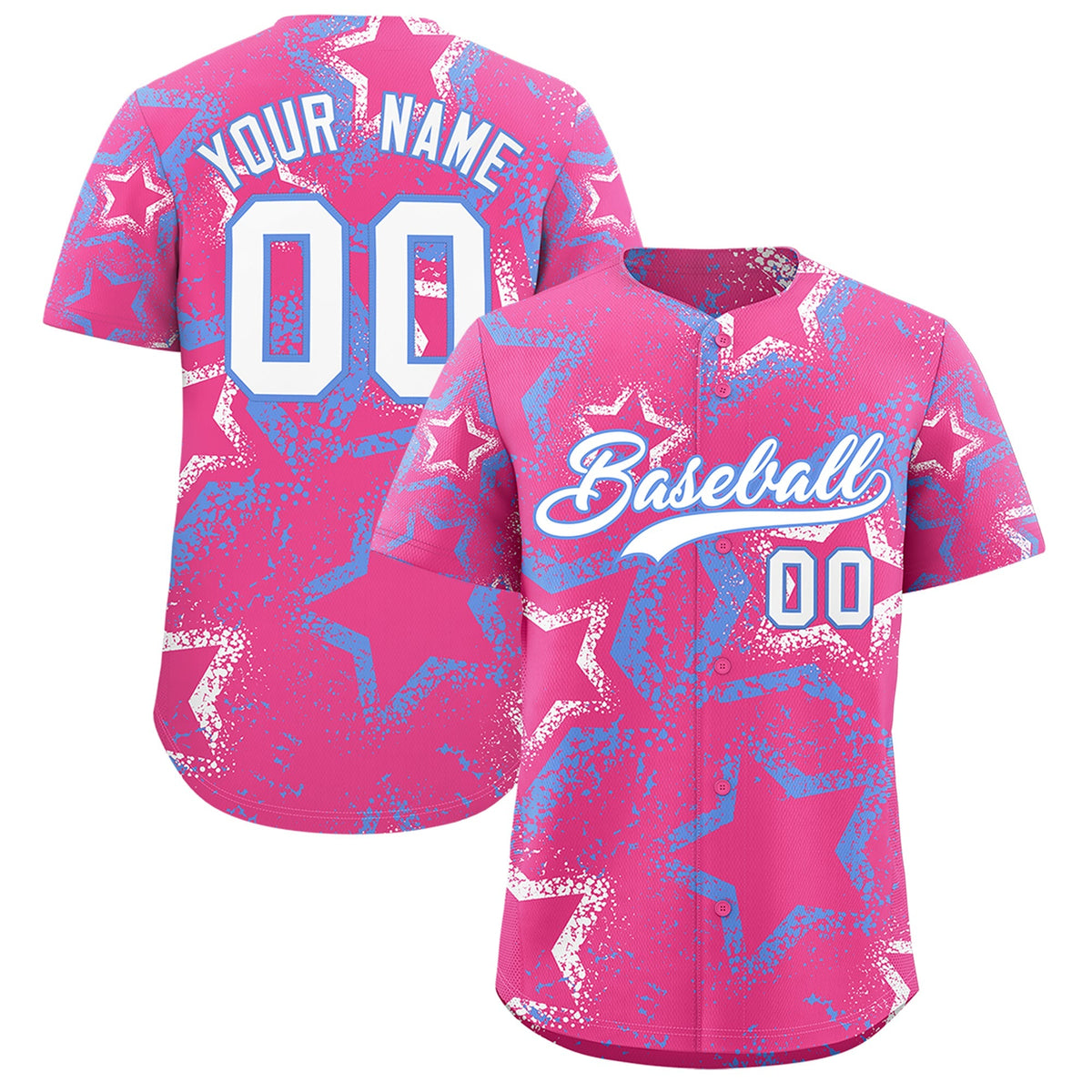 Custom Pink White Light Blue Star-Shaped Ink Texture Graffiti Pattern Baseball Jersey | Sublimation Printed &amp; Stitched,Add Name and Numbern,Perfect for Parties,Perfect for Training | KXKSHOP