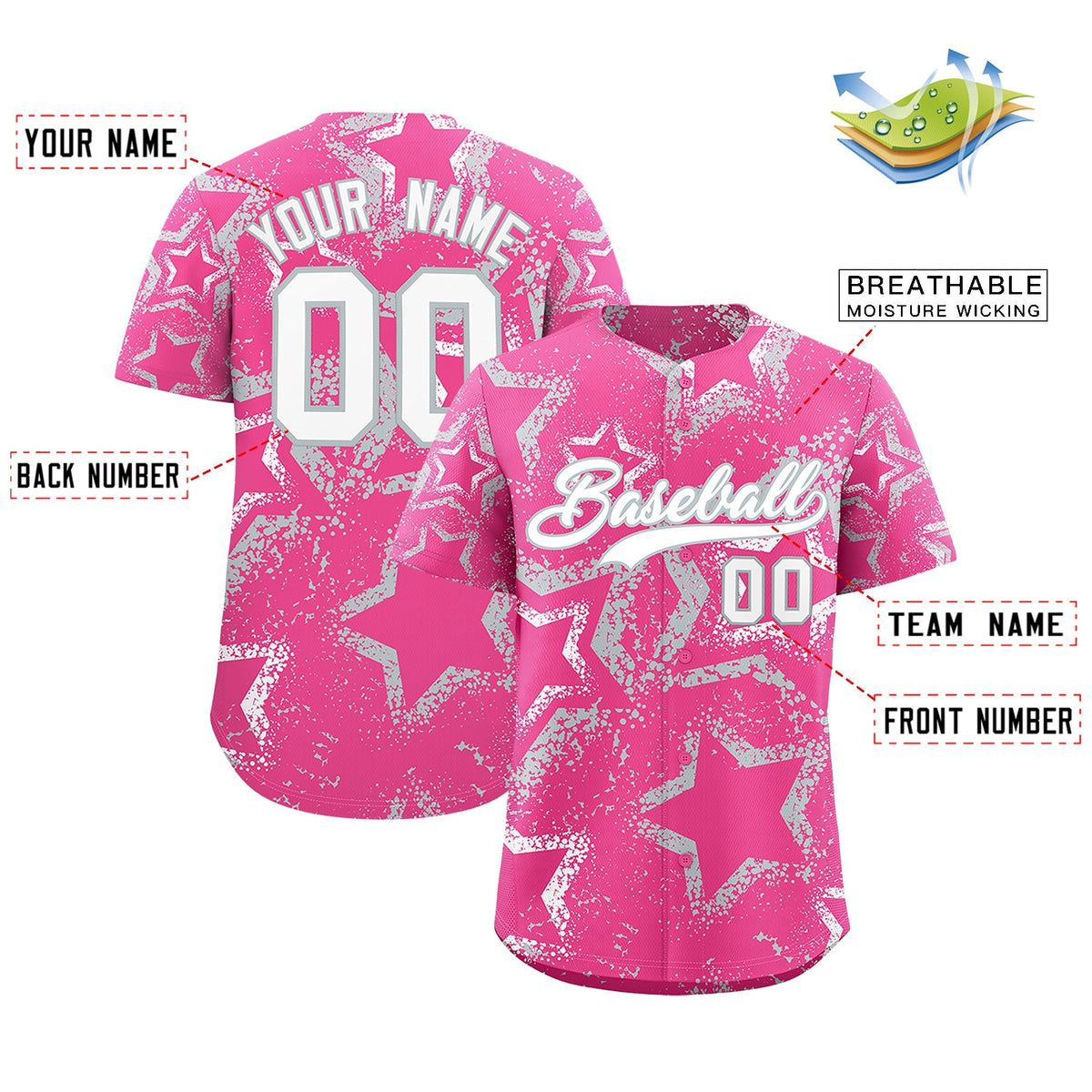 Custom Pink White Silver Star-Shaped Ink Texture Graffiti Pattern Baseball Jersey | Sublimation Printed &amp; Stitched,Add Name and Numbern,Perfect for Parties,Perfect for Training | KXKSHOP