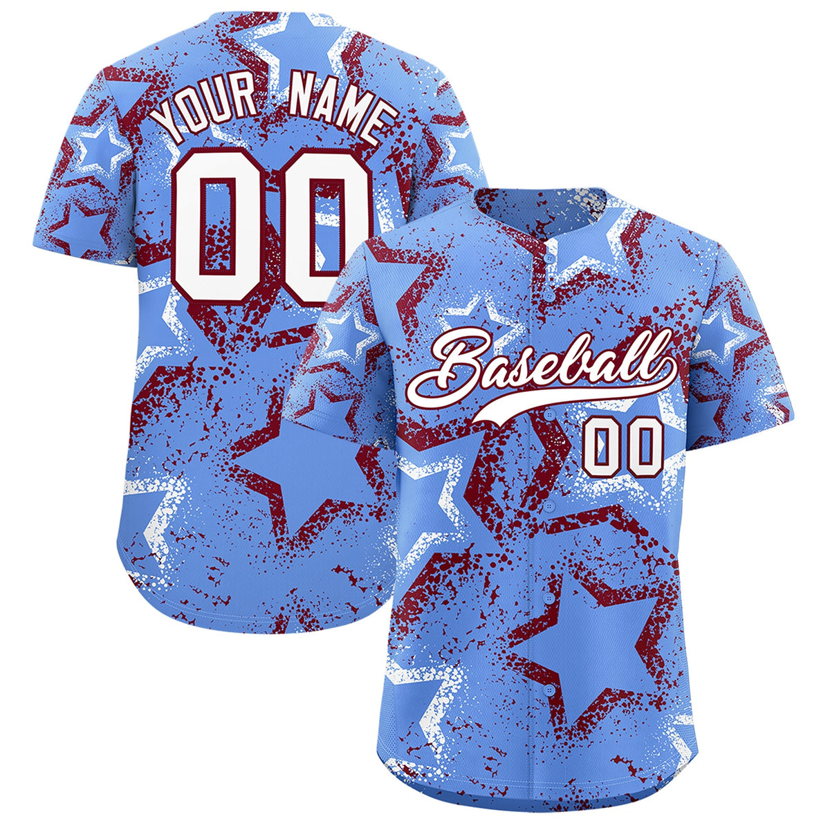 Custom Light Blue White Crimson Star-Shaped Ink Texture Graffiti Pattern Baseball Jersey | Sublimation Printed &amp; Stitched,Add Name and Numbern,Perfect for Parties,Perfect for Training | KXKSHOP
