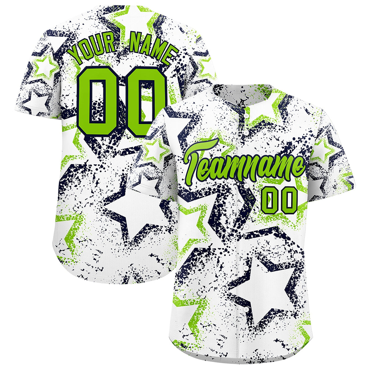 Custom White Neon Green Navy Star-Shaped Ink Texture Graffiti Pattern Baseball Jersey | Sublimation Printed &amp; Stitched,Add Name and Numbern,Perfect for Parties,Perfect for Training | KXKSHOP