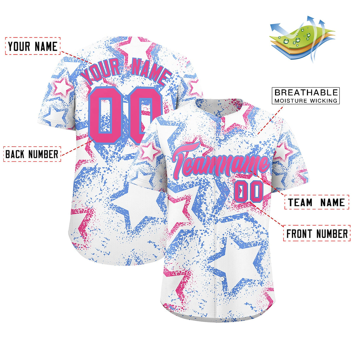 Custom White Light Blue Pink Star-Shaped Ink Texture Graffiti Pattern Baseball Jersey | Sublimation Printed &amp; Stitched,Add Name and Numbern,Perfect for Parties,Perfect for Training | KXKSHOP