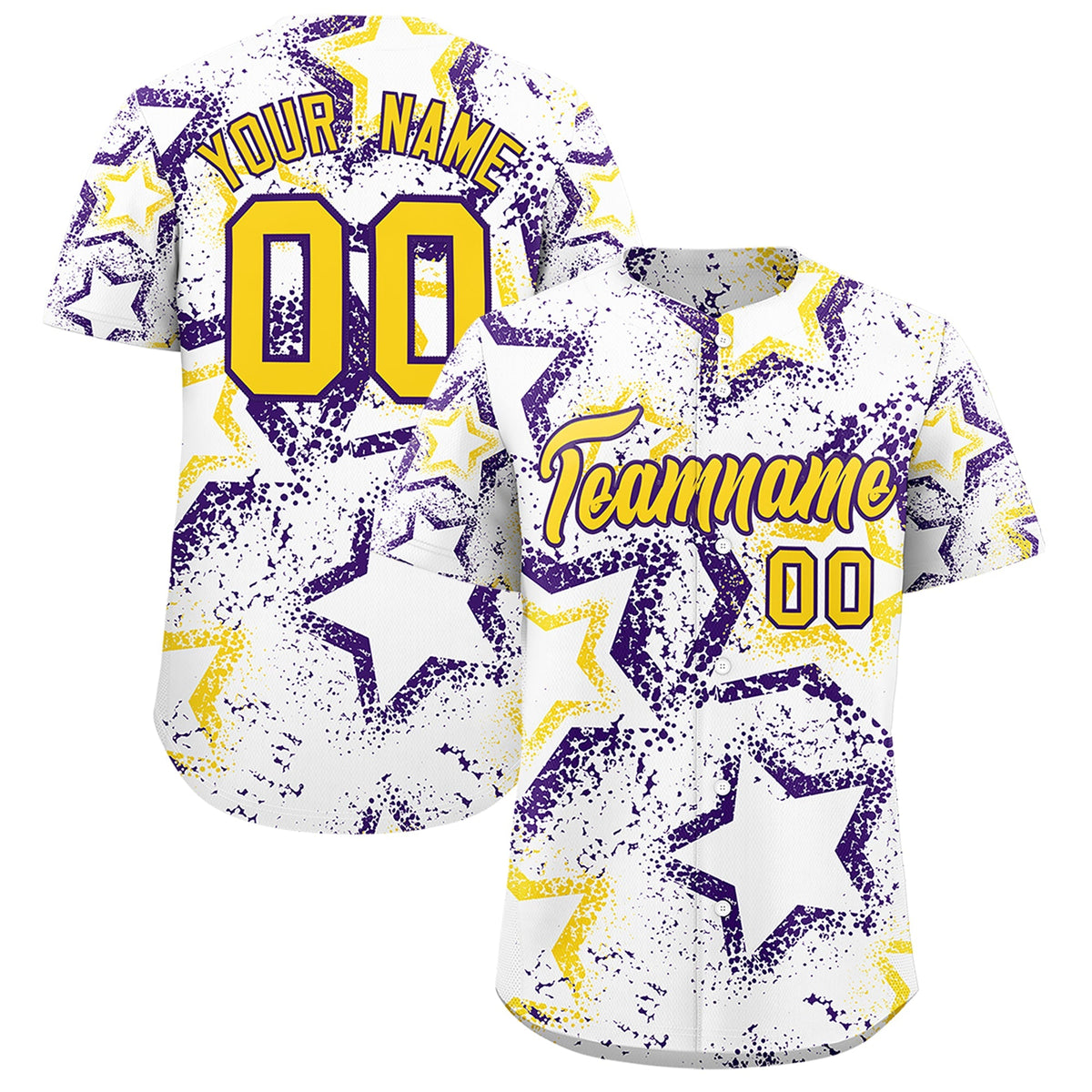 Custom White Gold Purple Star-Shaped Ink Texture Graffiti Pattern Baseball Jersey | Sublimation Printed &amp; Stitched,Add Name and Numbern,Perfect for Parties,Perfect for Training | KXKSHOP