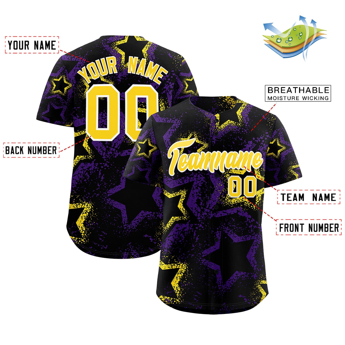 Custom Black Gold White Star-Shaped Ink Texture Graffiti Pattern Baseball Jersey | Sublimation Printed &amp; Stitched,Add Name and Numbern,Perfect for Parties,Perfect for Training | KXKSHOP