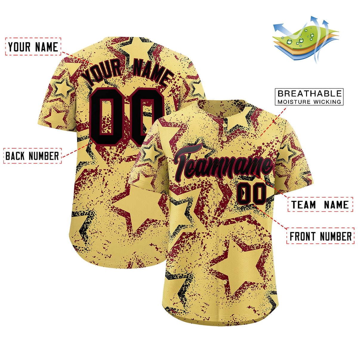 Custom Khaki Black Crimson Star-Shaped Ink Texture Graffiti Pattern Baseball Jersey | Sublimation Printed &amp; Stitched,Add Name and Numbern,Perfect for Parties,Perfect for Training | KXKSHOP