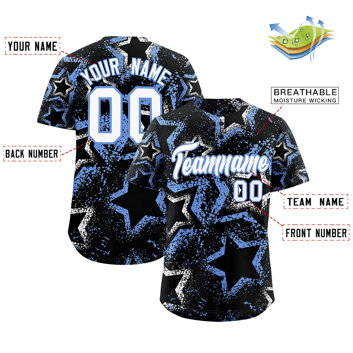 Custom Black White Light Blue Star-Shaped Ink Texture Graffiti Pattern Baseball Jersey | Sublimation Printed &amp; Stitched,Add Name and Numbern,Perfect for Parties,Perfect for Training | KXKSHOP