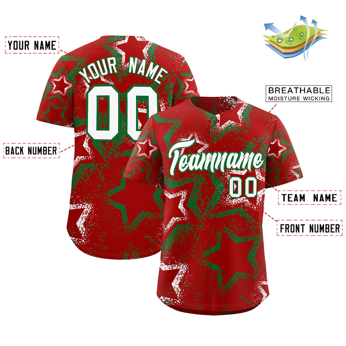 Custom Red White Kelly Green Star-Shaped Ink Texture Graffiti Pattern Baseball Jersey | Sublimation Printed &amp; Stitched,Add Name and Numbern,Perfect for Parties,Perfect for Training | KXKSHOP