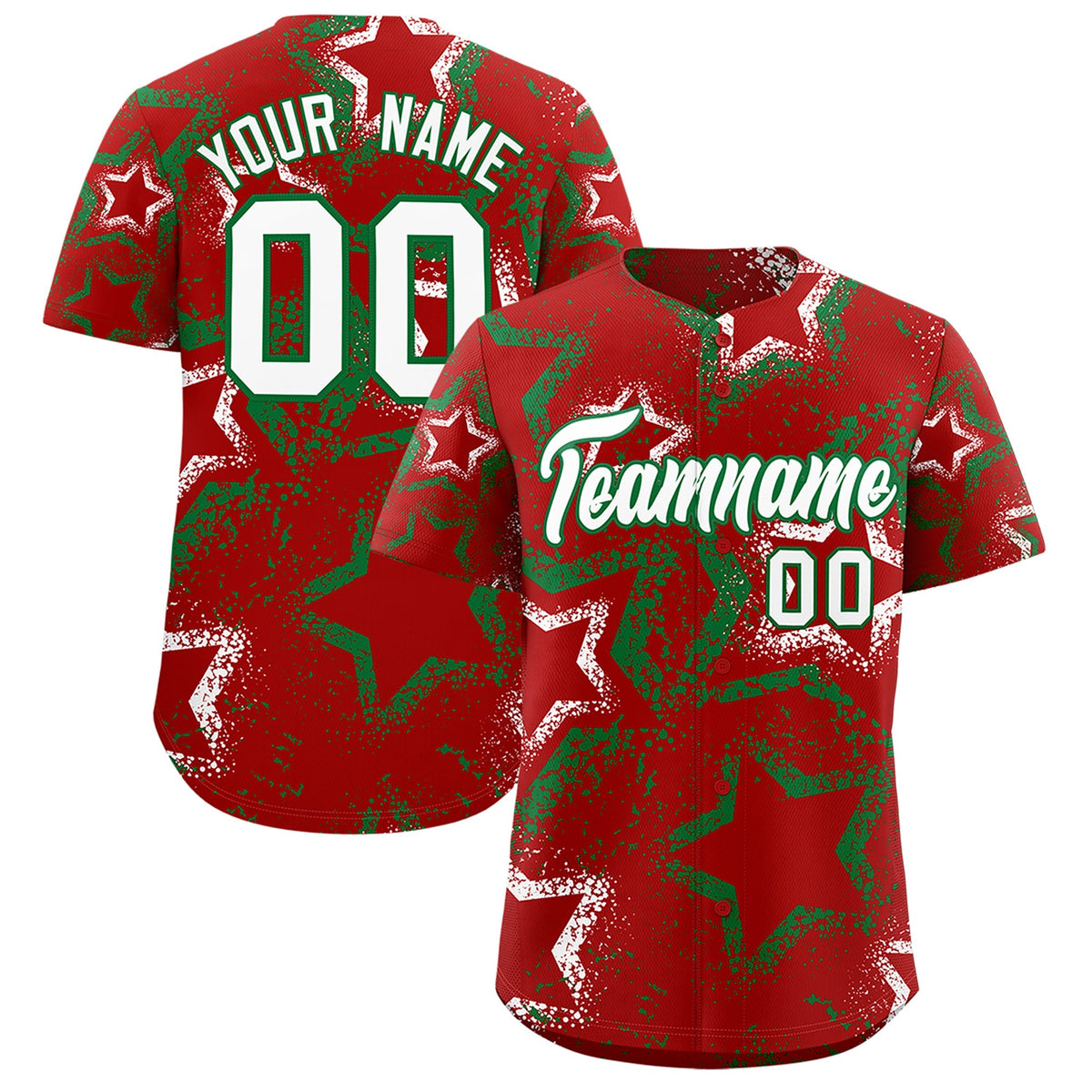 Custom Red White Kelly Green Star-Shaped Ink Texture Graffiti Pattern Baseball Jersey | Sublimation Printed &amp; Stitched,Add Name and Numbern,Perfect for Parties,Perfect for Training | KXKSHOP