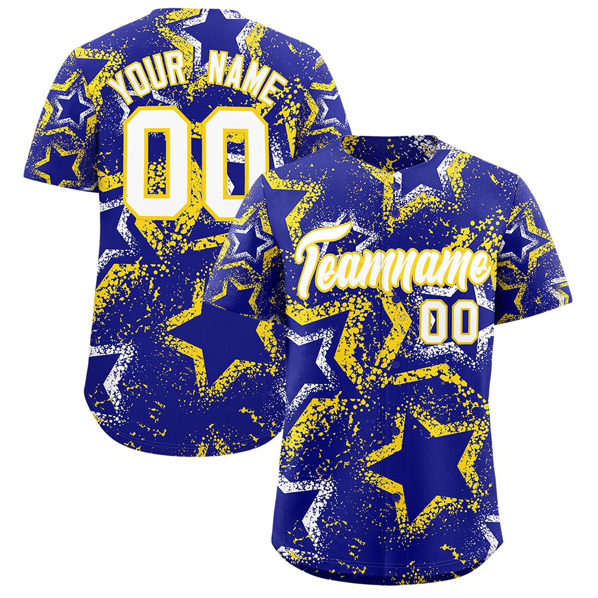 Custom Royal Blue White Gold Star-Shaped Ink Texture Graffiti Pattern Baseball Jersey | Sublimation Printed &amp; Stitched,Add Name and Numbern,Perfect for Parties,Perfect for Training | KXKSHOP