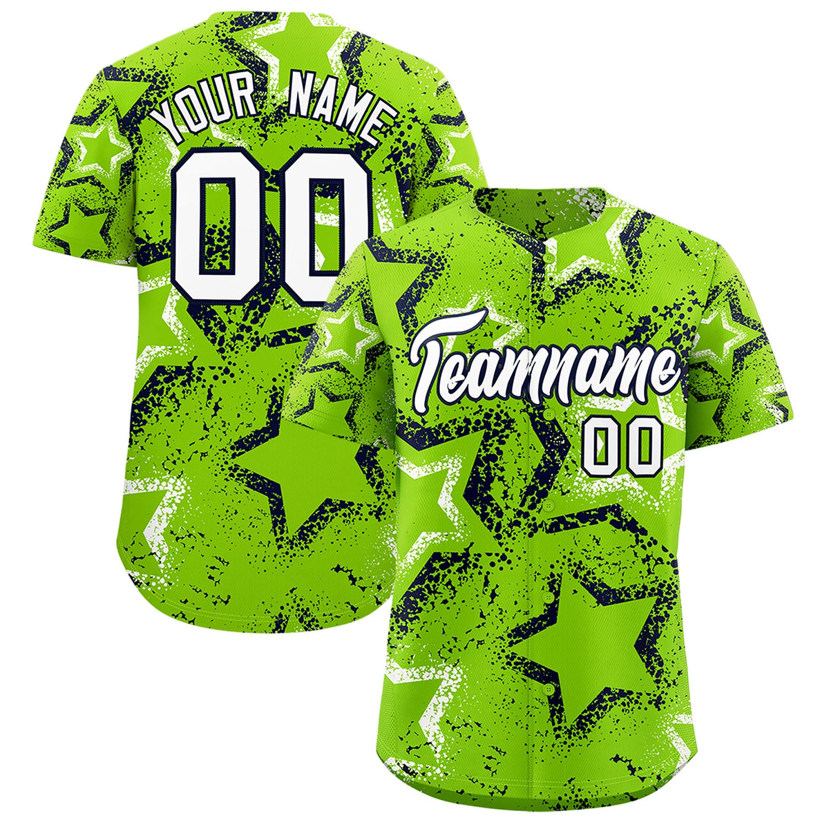 Custom Neon Green White Navy Star-Shaped Ink Texture Graffiti Pattern Baseball Jersey | Sublimation Printed &amp; Stitched,Add Name and Numbern,Perfect for Parties,Perfect for Training | KXKSHOP