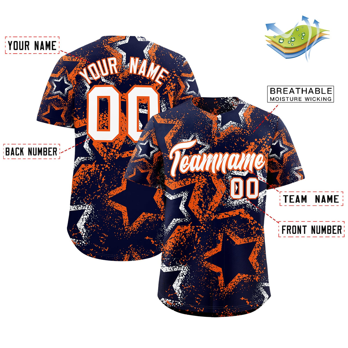 Custom Navy White Orange Star-Shaped Ink Texture Graffiti Pattern Baseball Jersey | Sublimation Printed &amp; Stitched,Add Name and Numbern,Perfect for Parties,Perfect for Training | KXKSHOP