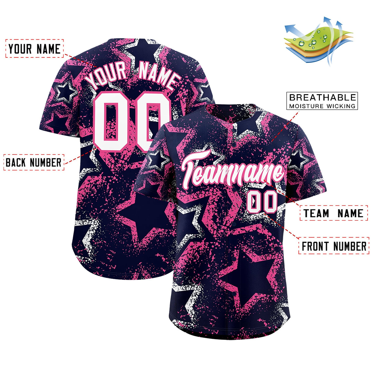 Custom Navy White Pink Star-Shaped Ink Texture Graffiti Pattern Baseball Jersey | Sublimation Printed &amp; Stitched,Add Name and Numbern,Perfect for Parties,Perfect for Training | KXKSHOP