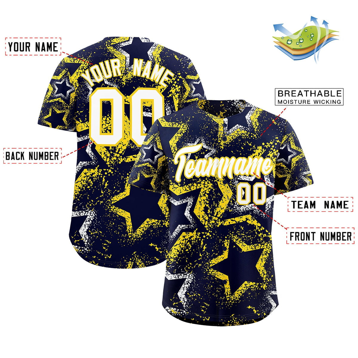 Custom Navy White Gold Star-Shaped Ink Texture Graffiti Pattern Baseball Jersey | Sublimation Printed &amp; Stitched,Add Name and Numbern,Perfect for Parties,Perfect for Training | KXKSHOP