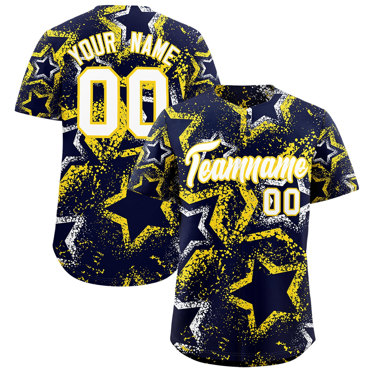 Custom Navy White Gold Star-Shaped Ink Texture Graffiti Pattern Baseball Jersey | Sublimation Printed &amp; Stitched,Add Name and Numbern,Perfect for Parties,Perfect for Training | KXKSHOP