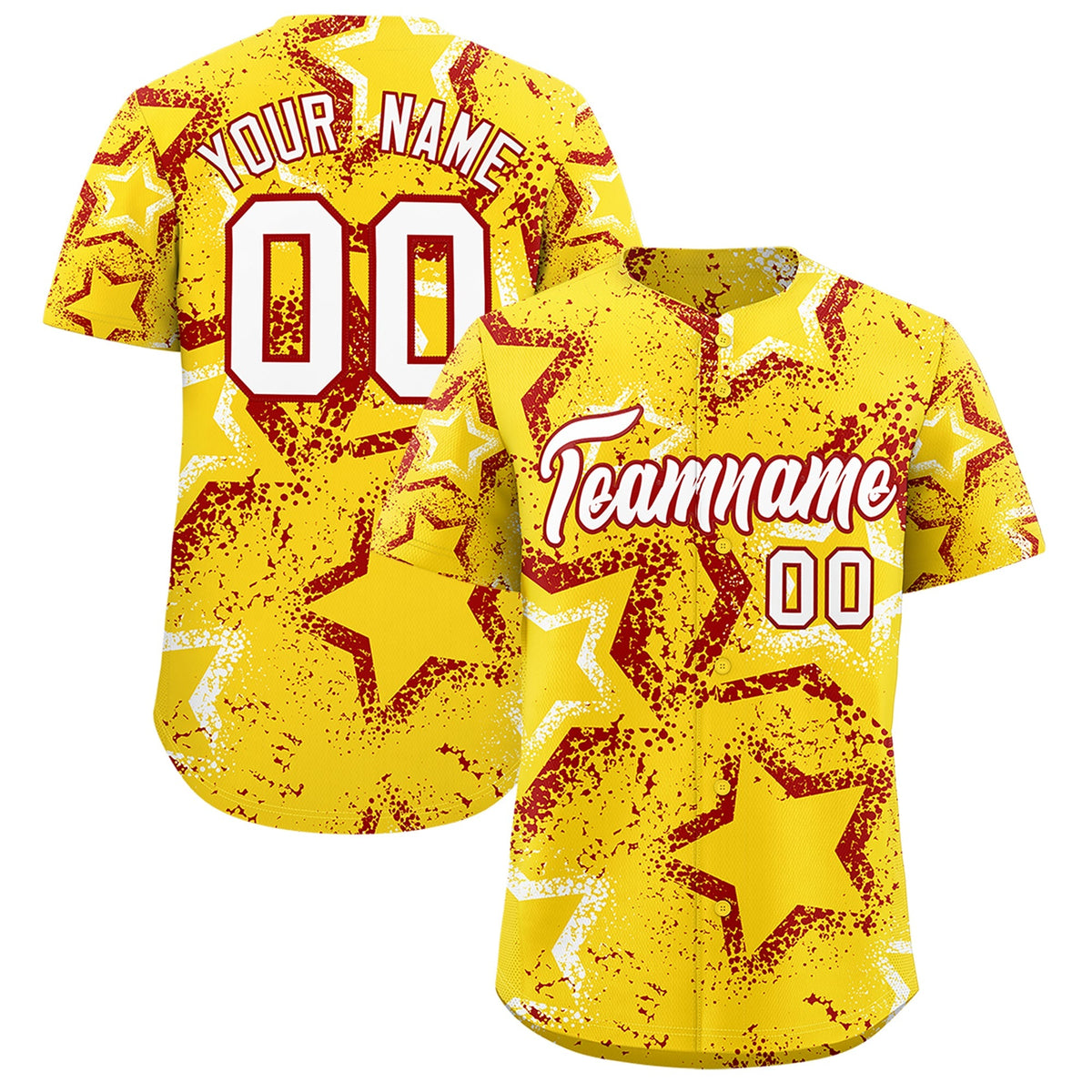 Custom Gold White Red Star-Shaped Ink Texture Graffiti Pattern Baseball Jersey | Sublimation Printed &amp; Stitched,Add Name and Numbern,Perfect for Parties,Perfect for Training | KXKSHOP