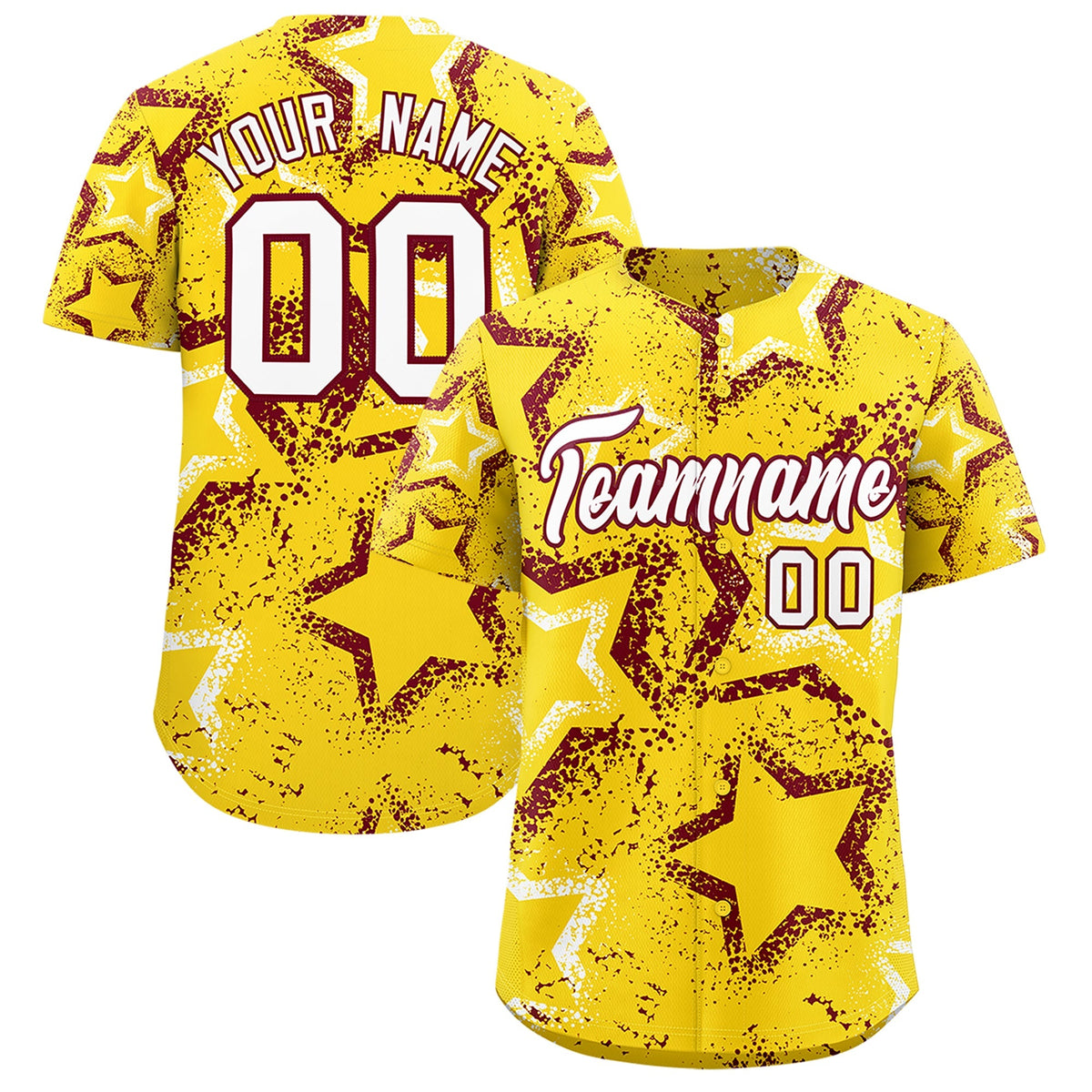 Custom Gold White Crimson Star-Shaped Ink Texture Graffiti Pattern Baseball Jersey | Sublimation Printed &amp; Stitched,Add Name and Numbern,Perfect for Parties,Perfect for Training | KXKSHOP