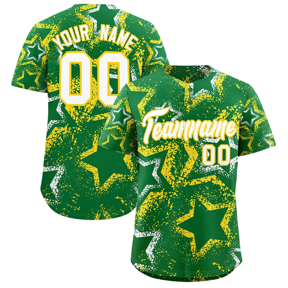 Custom Kelly Green White Gold Star-Shaped Ink Texture Graffiti Pattern Baseball Jersey | Sublimation Printed &amp; Stitched,Add Name and Numbern,Perfect for Parties,Perfect for Training | KXKSHOP