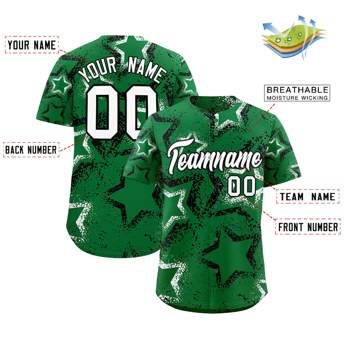Custom Kelly Green White Star-Shaped Ink Texture Graffiti Pattern Baseball Jersey | Sublimation Printed &amp; Stitched,Add Name and Numbern,Perfect for Parties,Perfect for Training | KXKSHOP