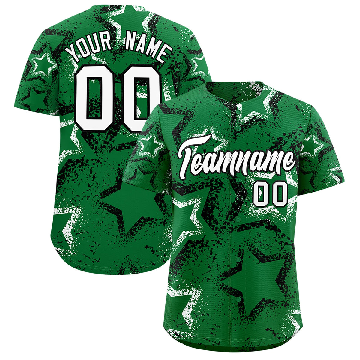 Custom Kelly Green White Star-Shaped Ink Texture Graffiti Pattern Baseball Jersey | Sublimation Printed &amp; Stitched,Add Name and Numbern,Perfect for Parties,Perfect for Training | KXKSHOP
