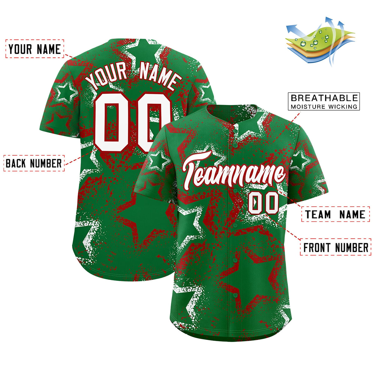 Custom Kelly Green White Red Star-Shaped Ink Texture Graffiti Pattern Baseball Jersey | Sublimation Printed &amp; Stitched,Add Name and Numbern,Perfect for Parties,Perfect for Training | KXKSHOP