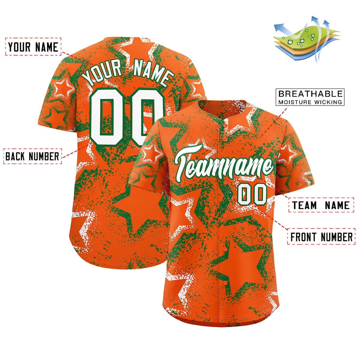 Custom Orange White Kelly Green Star-Shaped Ink Texture Graffiti Pattern Baseball Jersey | Sublimation Printed &amp; Stitched,Add Name and Numbern,Perfect for Parties,Perfect for Training | KXKSHOP