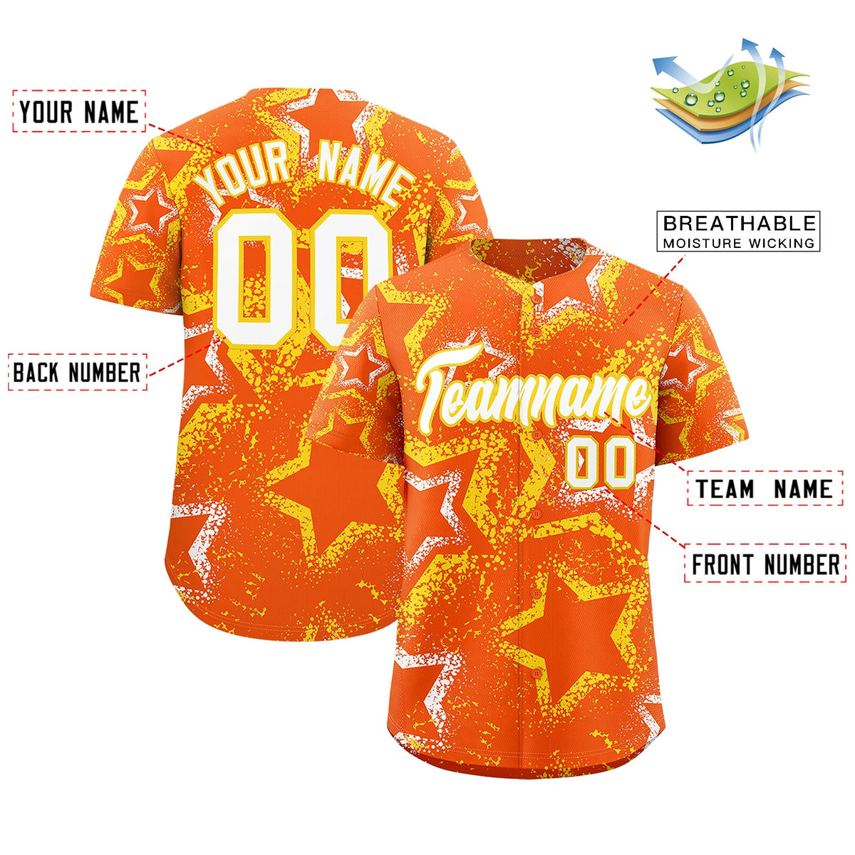 Custom Orange White Gold Star-Shaped Ink Texture Graffiti Pattern Baseball Jersey | Sublimation Printed &amp; Stitched,Add Name and Numbern,Perfect for Parties,Perfect for Training | KXKSHOP
