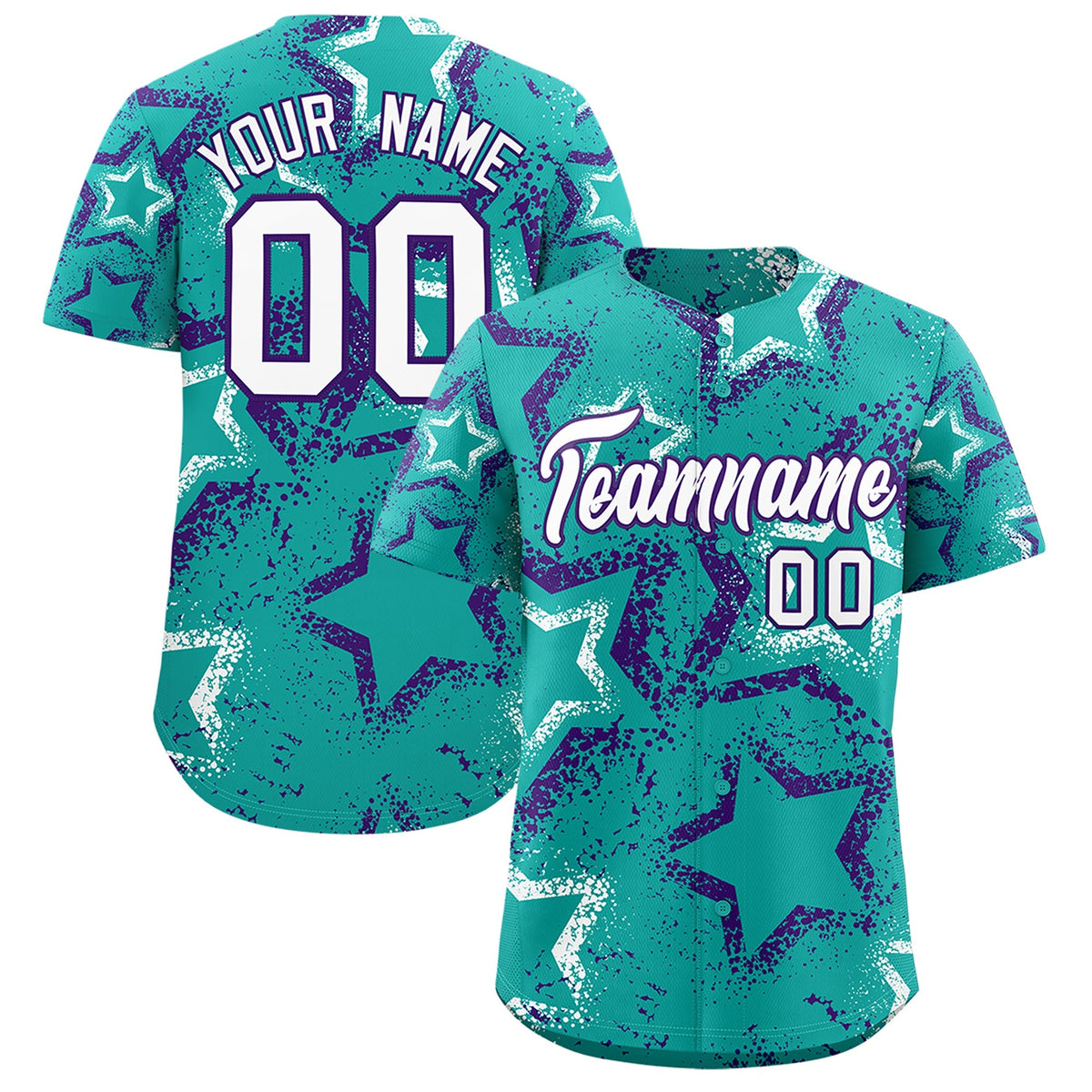 Custom Aqua White Purple Star-Shaped Ink Texture Graffiti Pattern Baseball Jersey | Sublimation Printed &amp; Stitched,Add Name and Numbern,Perfect for Parties,Perfect for Training | KXKSHOP
