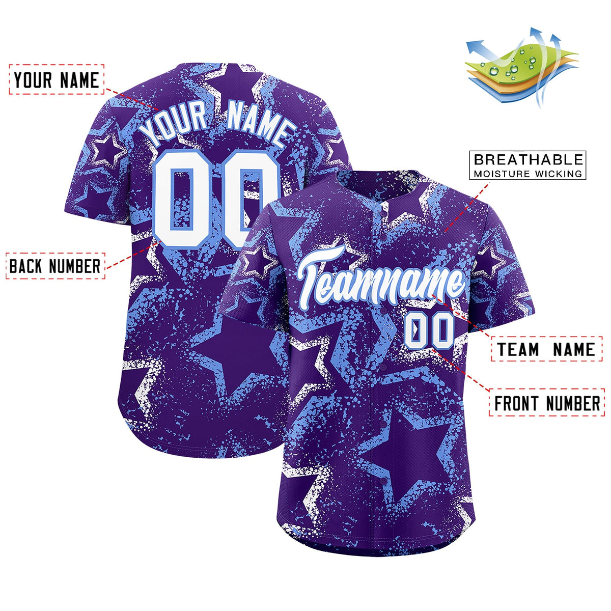 Custom Purple White Light Blue Star-Shaped Ink Texture Graffiti Pattern Baseball Jersey | Sublimation Printed &amp; Stitched,Add Name and Numbern,Perfect for Parties,Perfect for Training | KXKSHOP