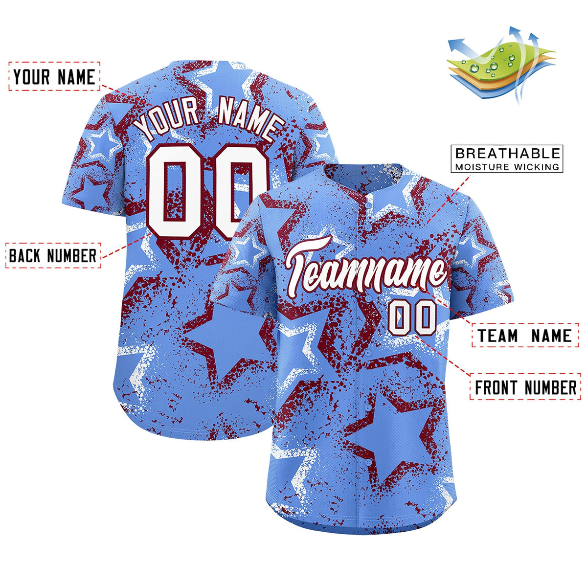 Custom Light Blue White Crimson Star-Shaped Ink Texture Graffiti Pattern Baseball Jersey | Sublimation Printed &amp; Stitched,Add Name and Numbern,Perfect for Parties,Perfect for Training | KXKSHOP