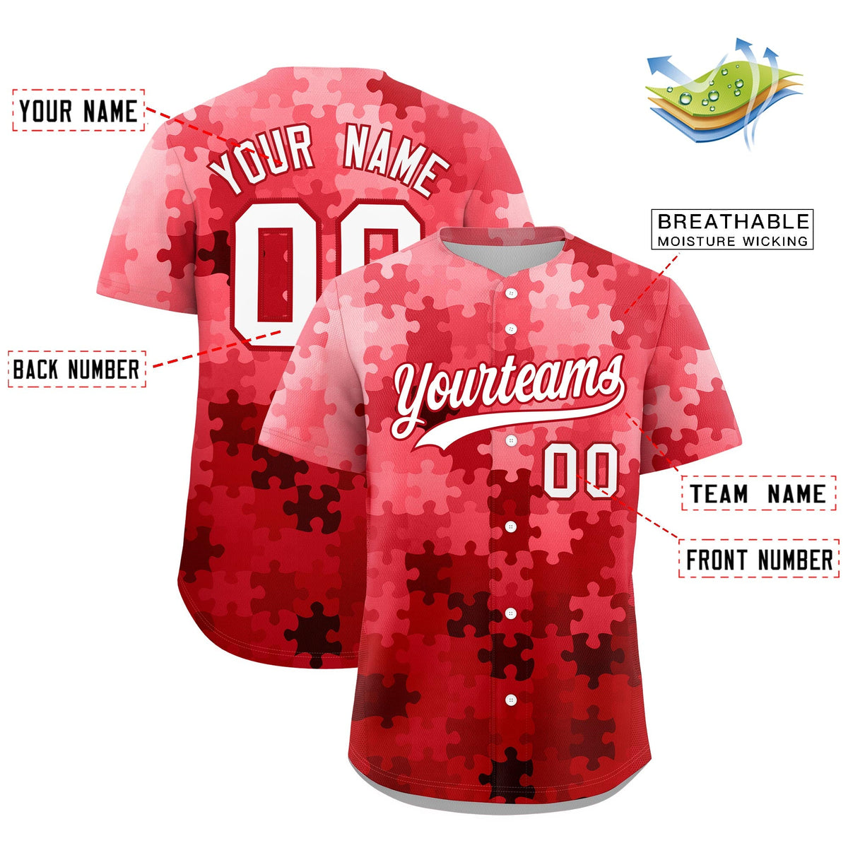 Custom Red White Puzzle Elements Baseball Jersey | Sublimation Printed &amp; Stitched,Add Name and Numbern,Perfect for Teams | KXKSHOP