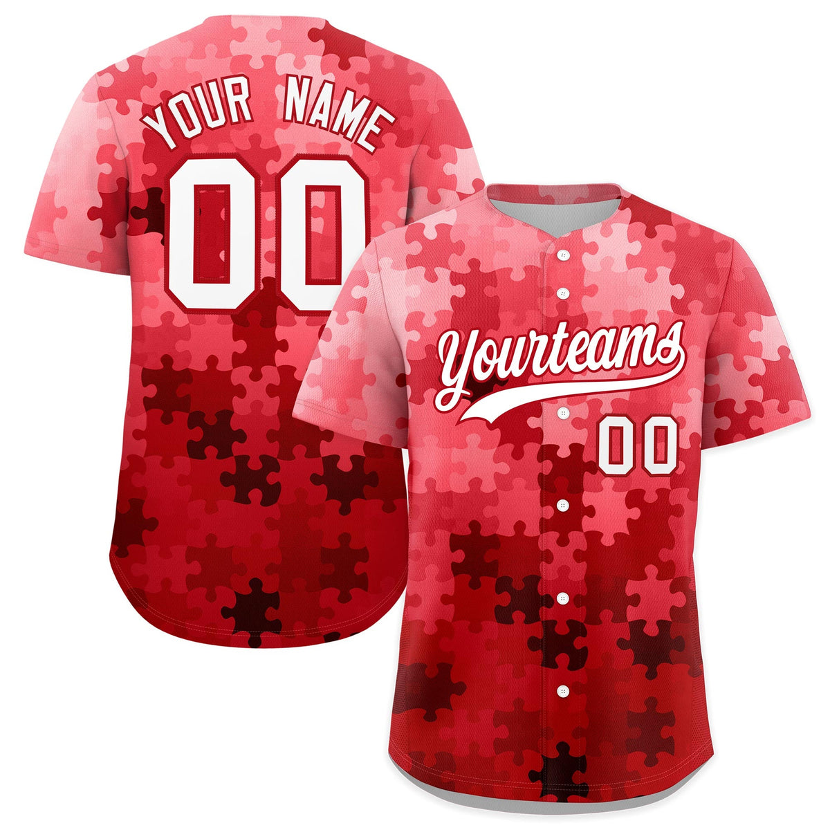 Custom Red White Puzzle Elements Baseball Jersey | Sublimation Printed &amp; Stitched,Add Name and Numbern,Perfect for Teams | KXKSHOP