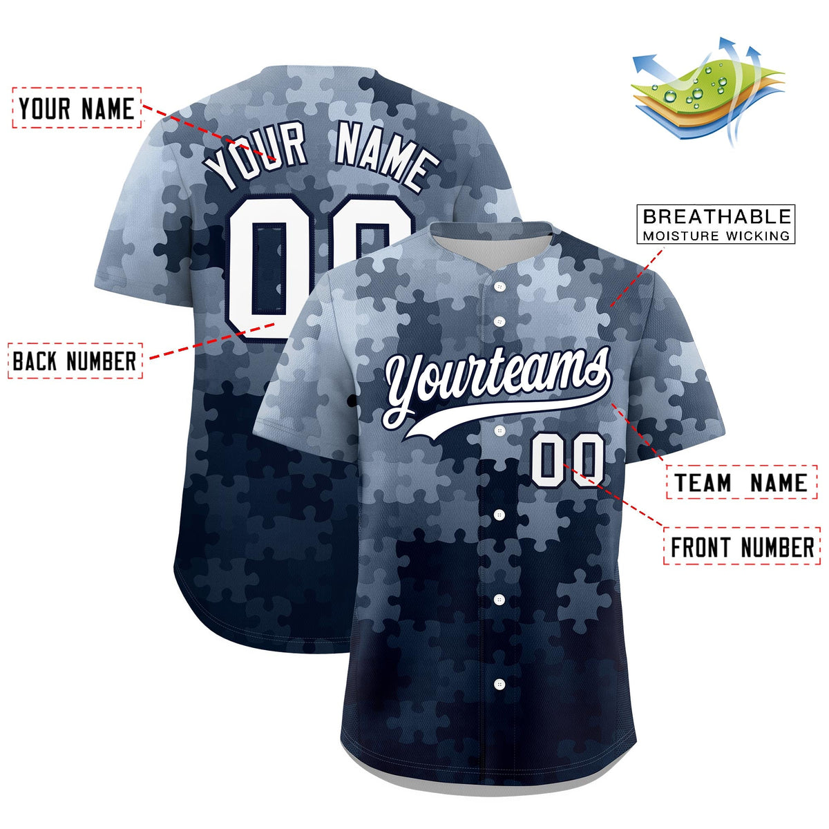 Custom White Navy Puzzle Elements Baseball Jersey | Sublimation Printed &amp; Stitched,Add Name and Numbern,Perfect for Teams | KXKSHOP