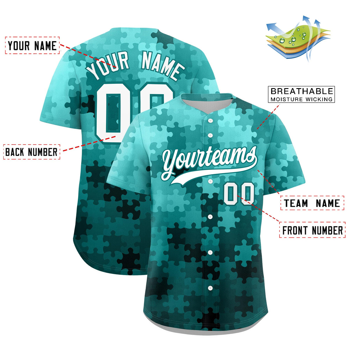 Custom White Aqua Puzzle Elements Baseball Jersey | Sublimation Printed &amp; Stitched,Add Name and Numbern,Perfect for Teams | KXKSHOP