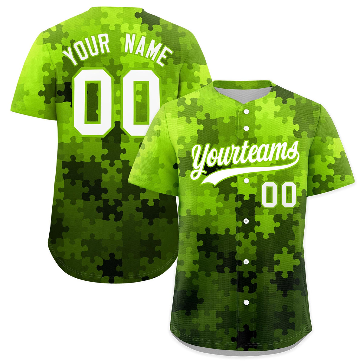 Custom White Neon Green Puzzle Elements Baseball Jersey | Sublimation Printed &amp; Stitched,Add Name and Numbern,Perfect for Teams | KXKSHOP