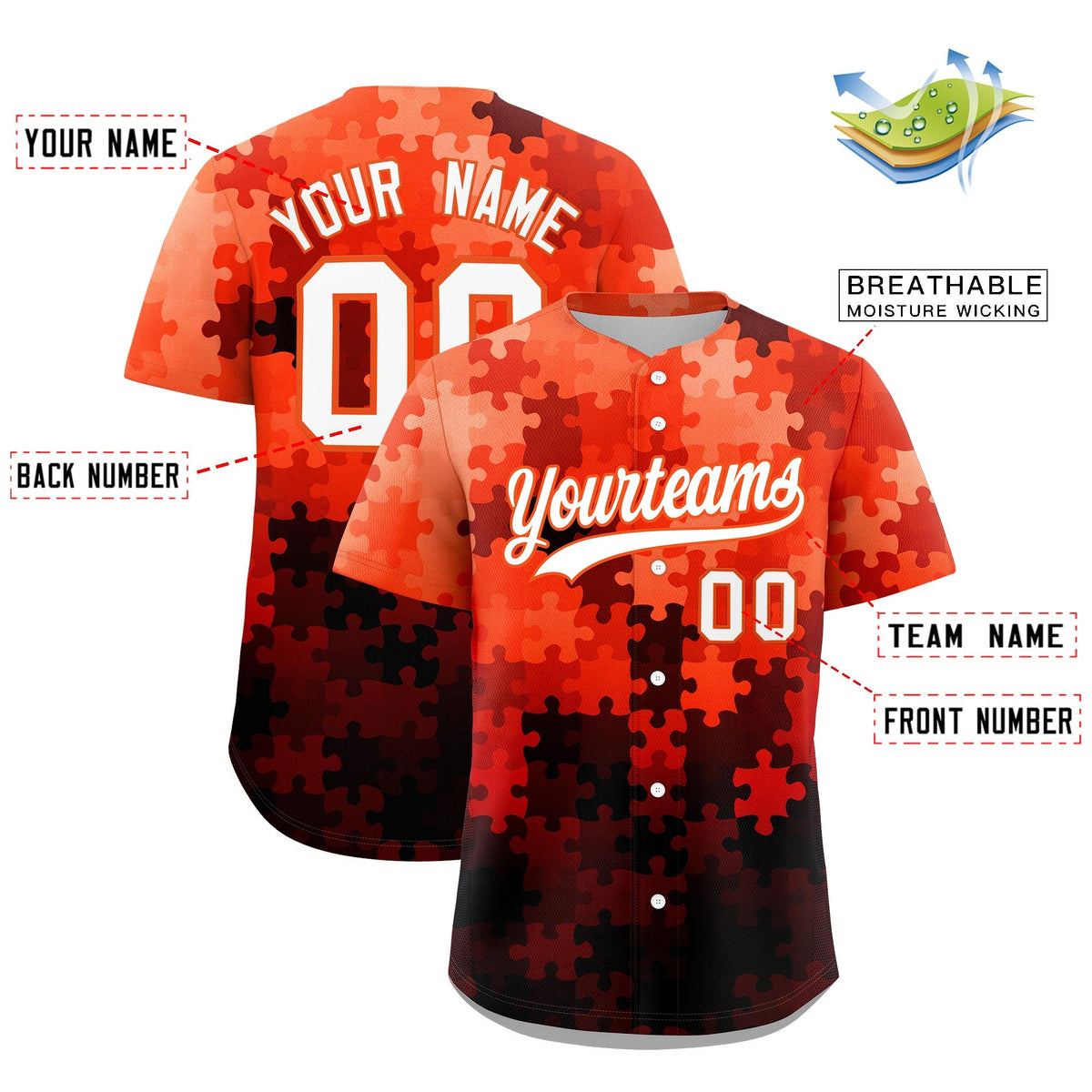 Custom White Orange Puzzle Elements Baseball Jersey | Sublimation Printed &amp; Stitched,Add Name and Numbern,Perfect for Teams | KXKSHOP