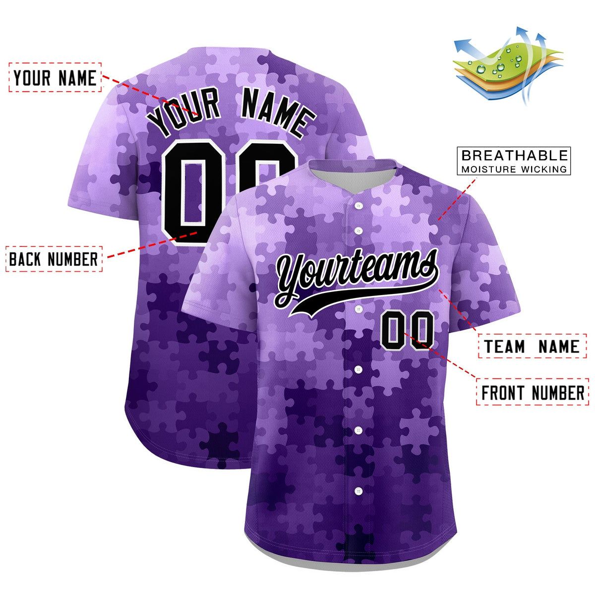 Custom Purple Black White Puzzle Elements Baseball Jersey | Sublimation Printed &amp; Stitched,Add Name and Numbern,Perfect for Teams | KXKSHOP