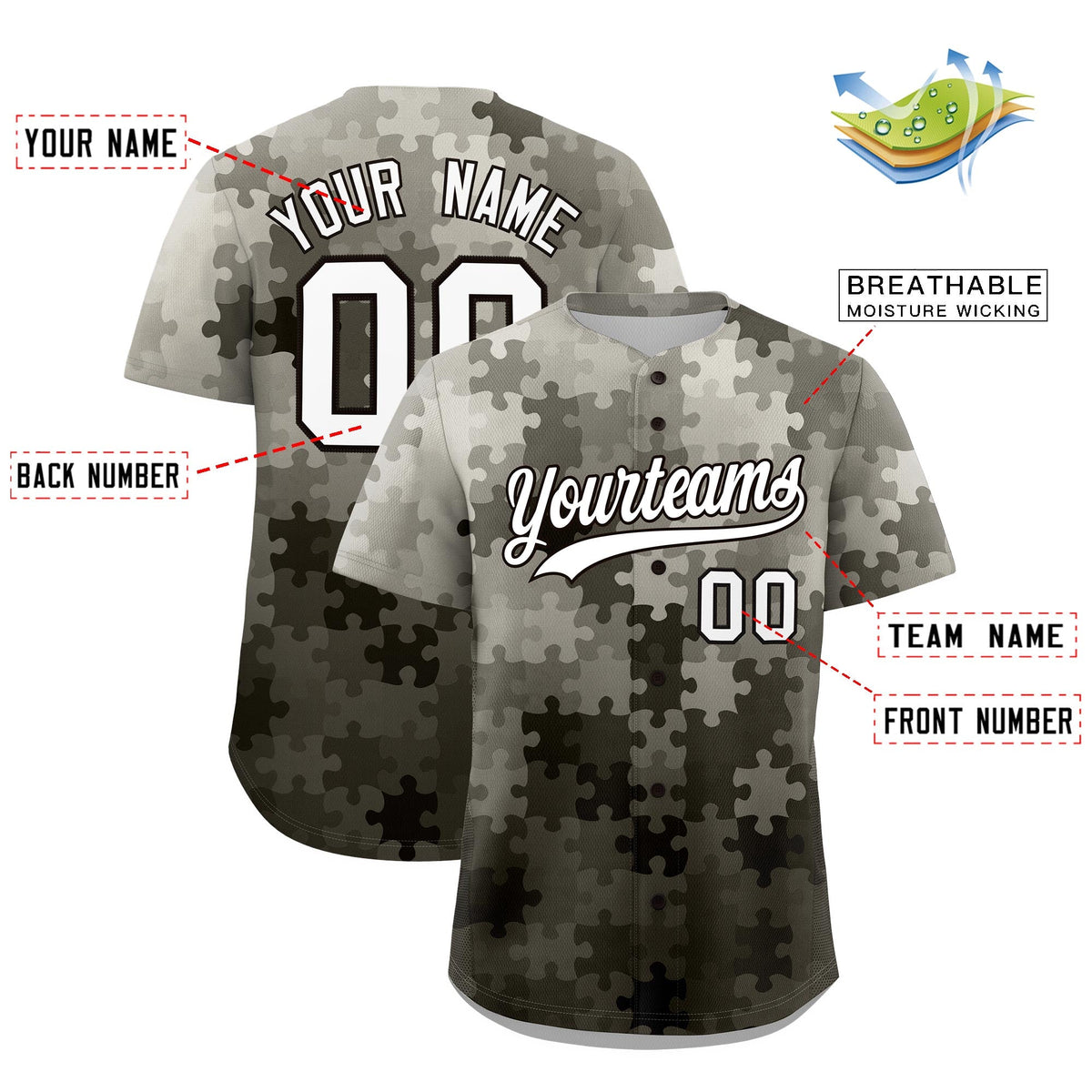 Custom Gray White Black Puzzle Elements Baseball Jersey | Sublimation Printed &amp; Stitched,Add Name and Numbern,Perfect for Teams | KXKSHOP