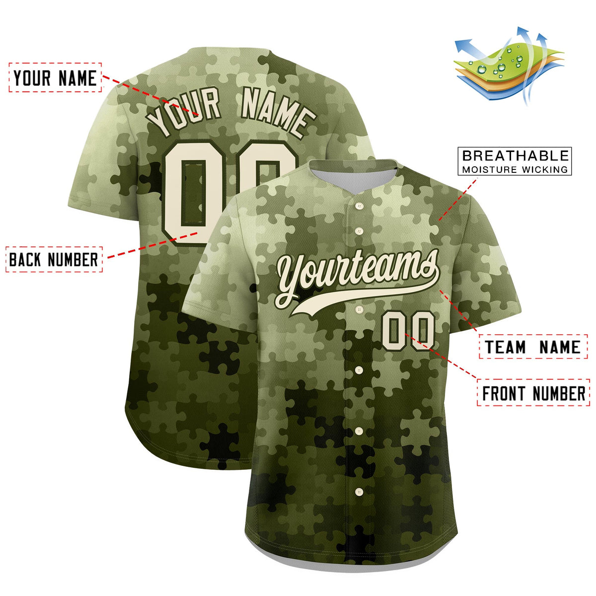 Custom Cream Olive Puzzle Elements Baseball Jersey | Sublimation Printed &amp; Stitched,Add Name and Numbern,Perfect for Teams | KXKSHOP