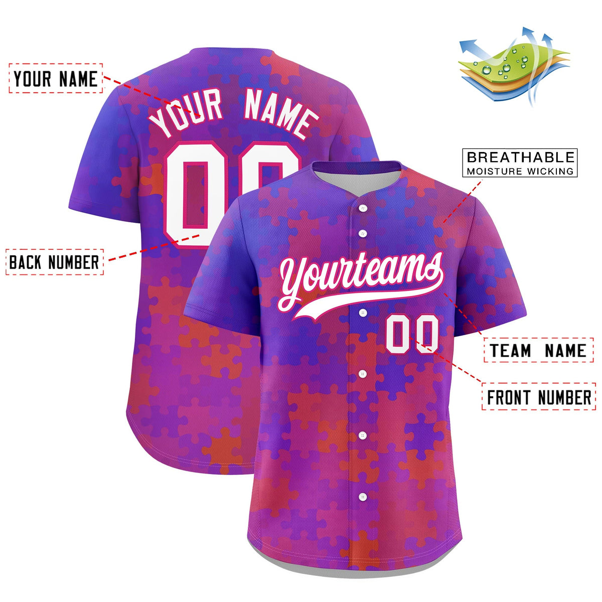 Custom White Rose Red Puzzle Elements Baseball Jersey | Sublimation Printed &amp; Stitched,Add Name and Numbern,Perfect for Teams | KXKSHOP