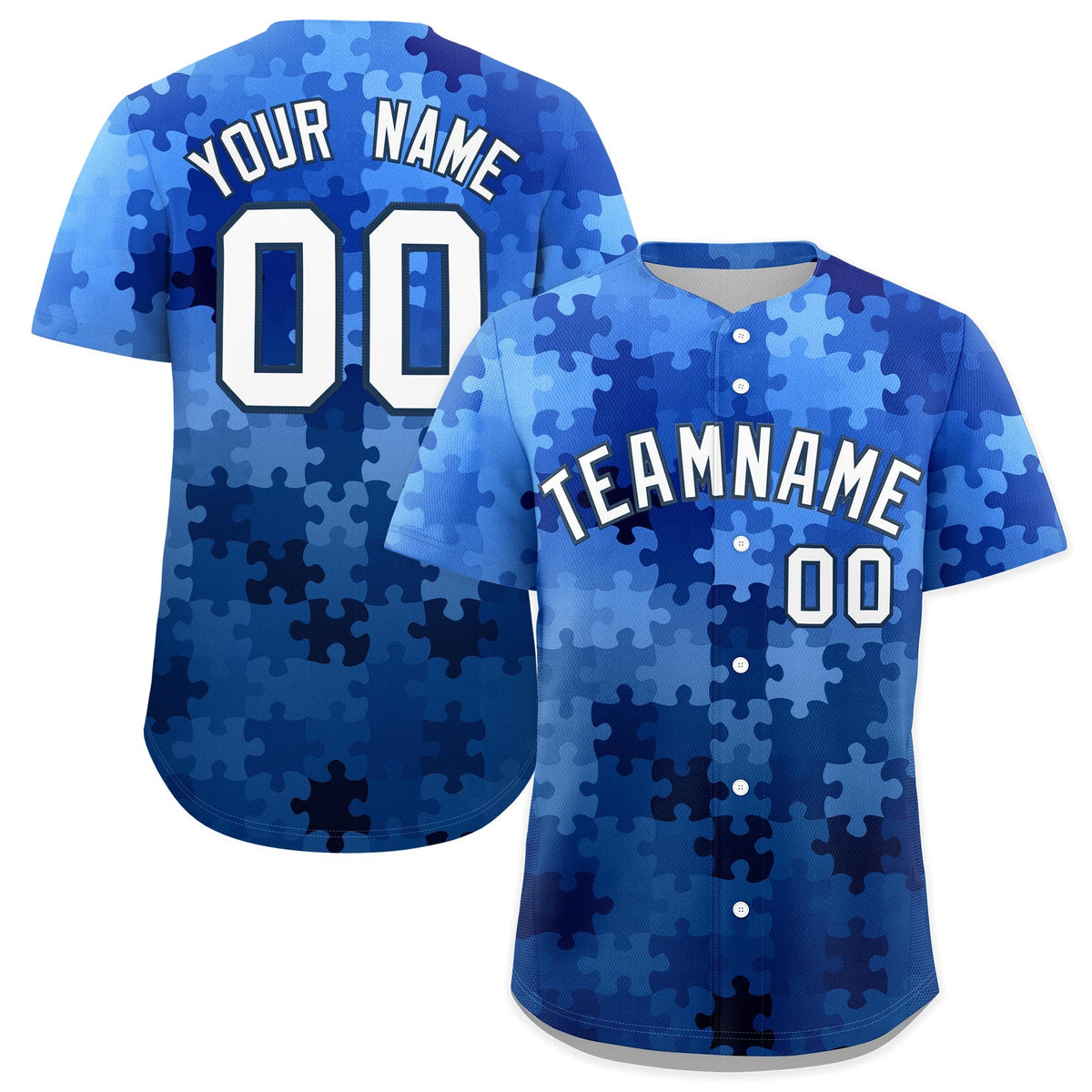 Custom White Midnight Blue Puzzle Elements Baseball Jersey | Sublimation Printed &amp; Stitched,Add Name and Numbern,Perfect for Teams | KXKSHOP