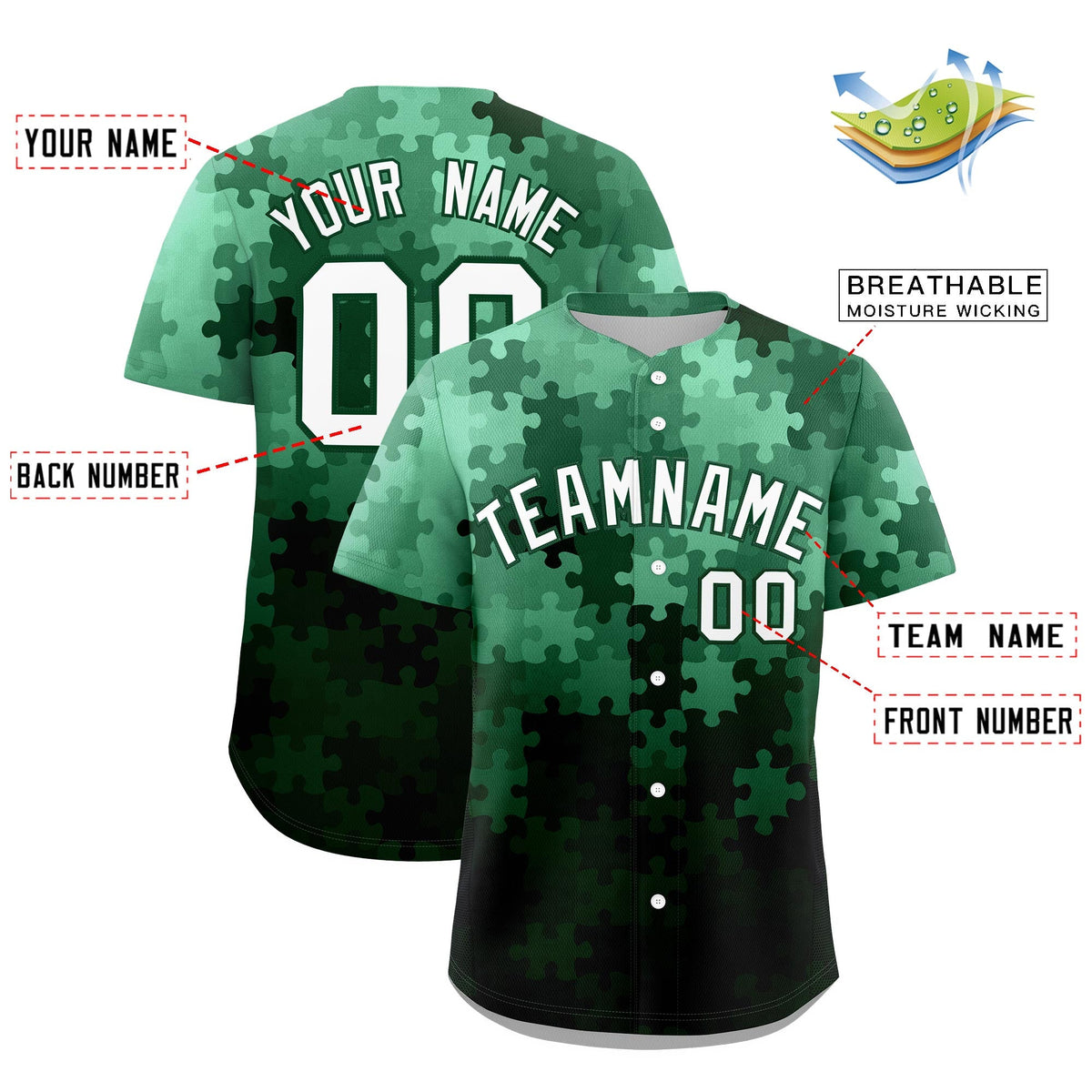 Custom White Green Puzzle Elements Baseball Jersey | Sublimation Printed &amp; Stitched,Add Name and Numbern,Perfect for Teams | KXKSHOP
