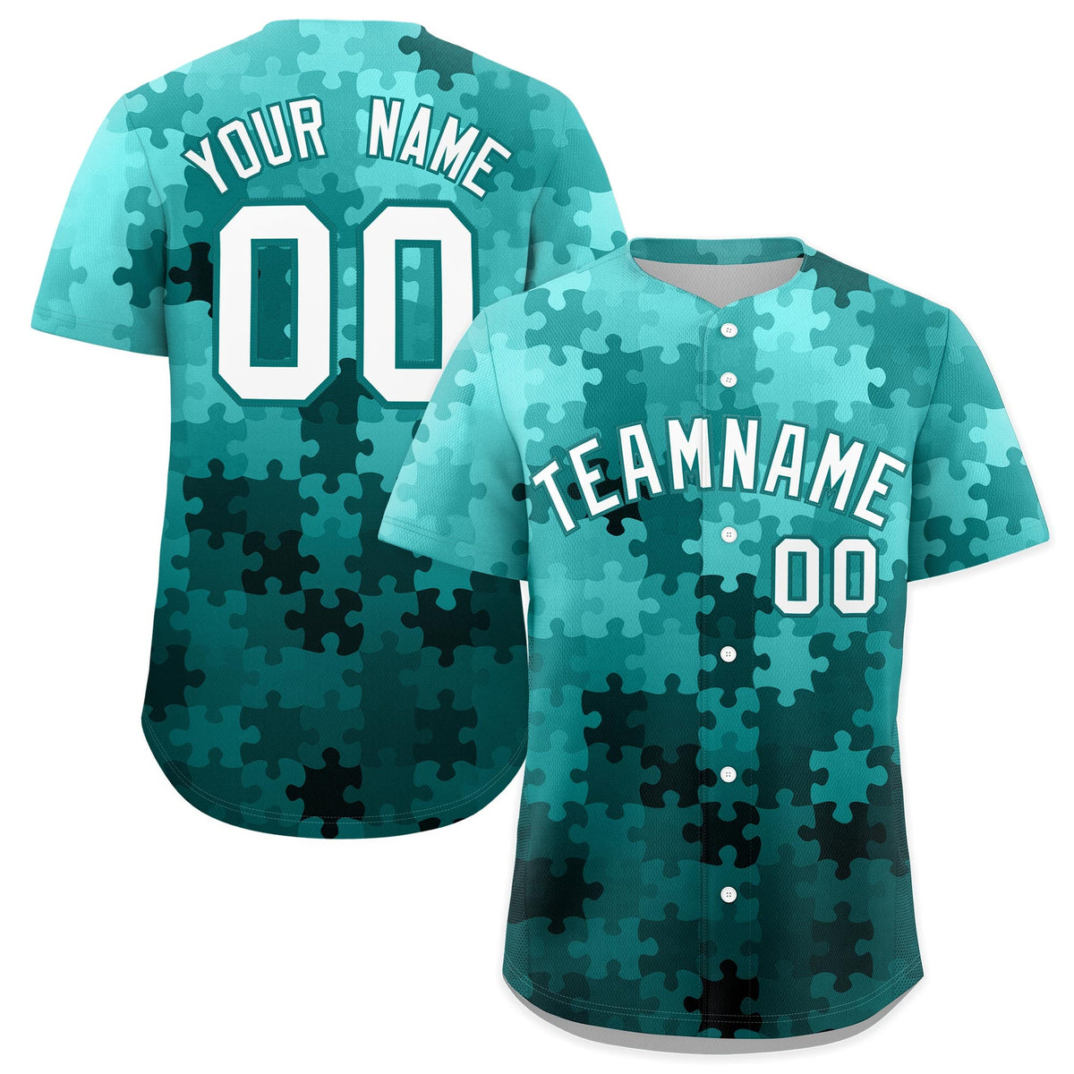 Custom White Aqua Puzzle Elements Baseball Jersey | Sublimation Printed &amp; Stitched,Add Name and Numbern,Perfect for Teams | KXKSHOP