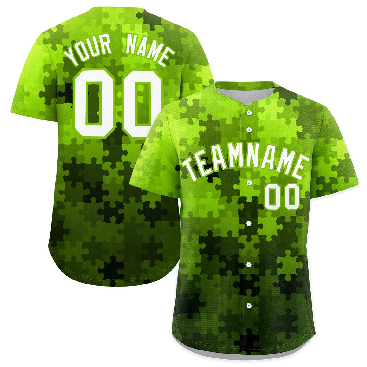 Custom White Neon Green Puzzle Elements Baseball Jersey | Sublimation Printed &amp; Stitched,Add Name and Numbern,Perfect for Teams | KXKSHOP