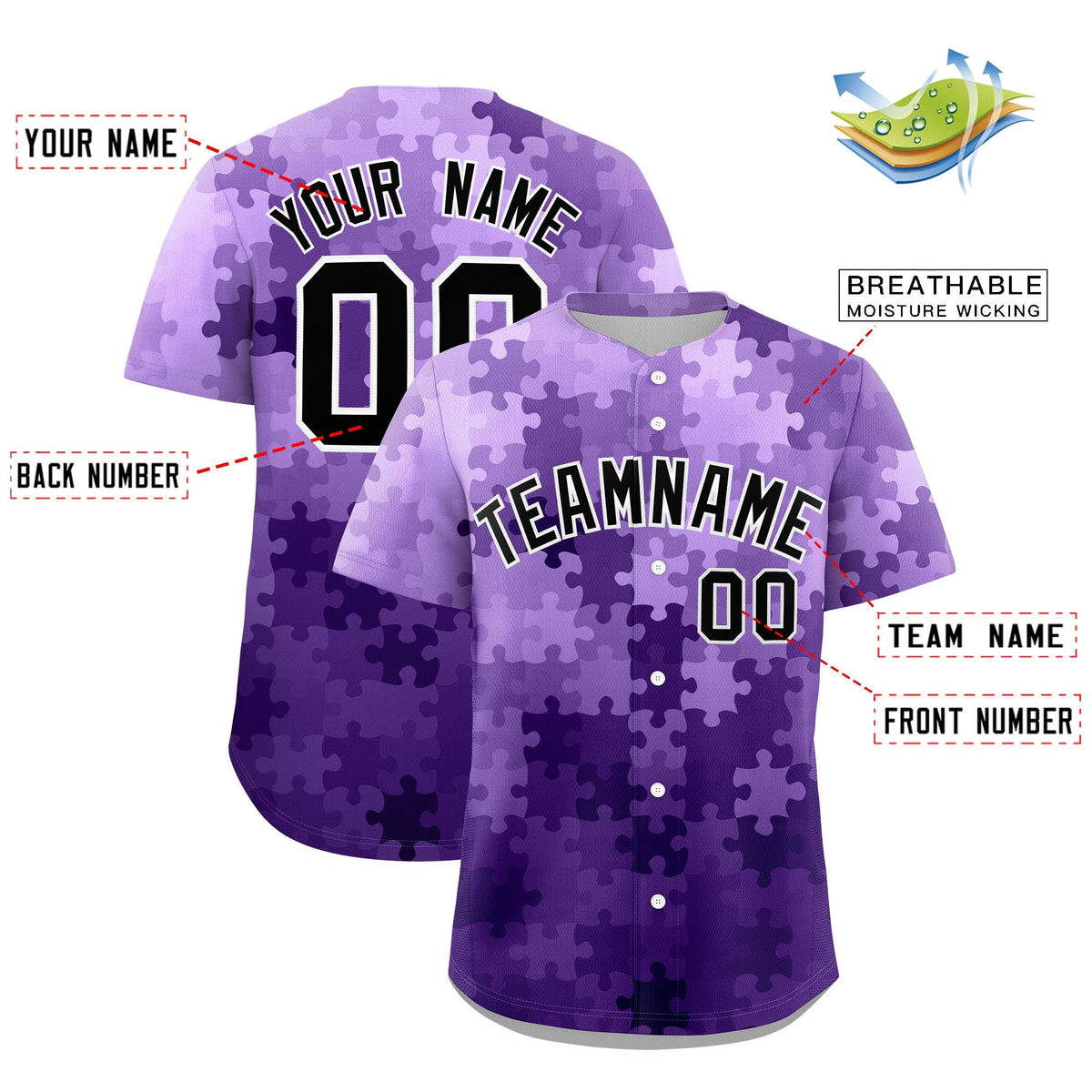 Custom Purple Black White Puzzle Elements Baseball Jersey | Sublimation Printed &amp; Stitched,Add Name and Numbern,Perfect for Teams | KXKSHOP