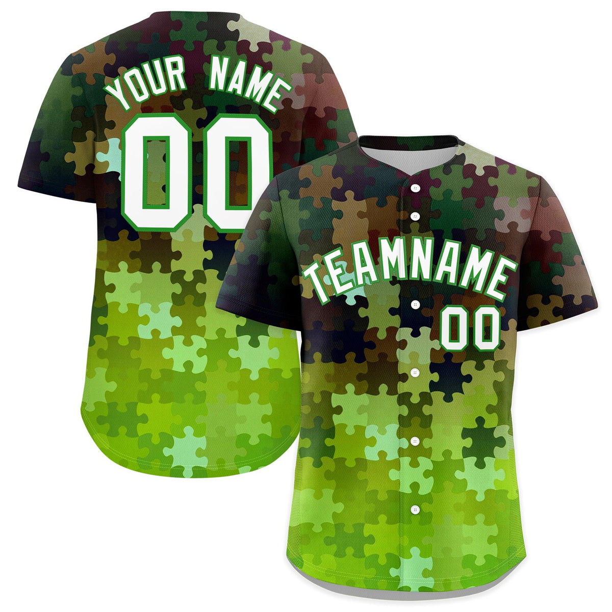 Custom Light Green White Puzzle Elements Baseball Jersey | Sublimation Printed &amp; Stitched,Add Name and Numbern,Perfect for Teams | KXKSHOP
