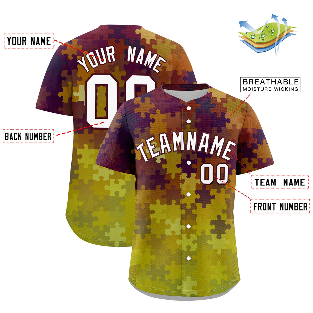 Custom White Burgundy Puzzle Elements Baseball Jersey | Sublimation Printed &amp; Stitched,Add Name and Numbern,Perfect for Teams | KXKSHOP