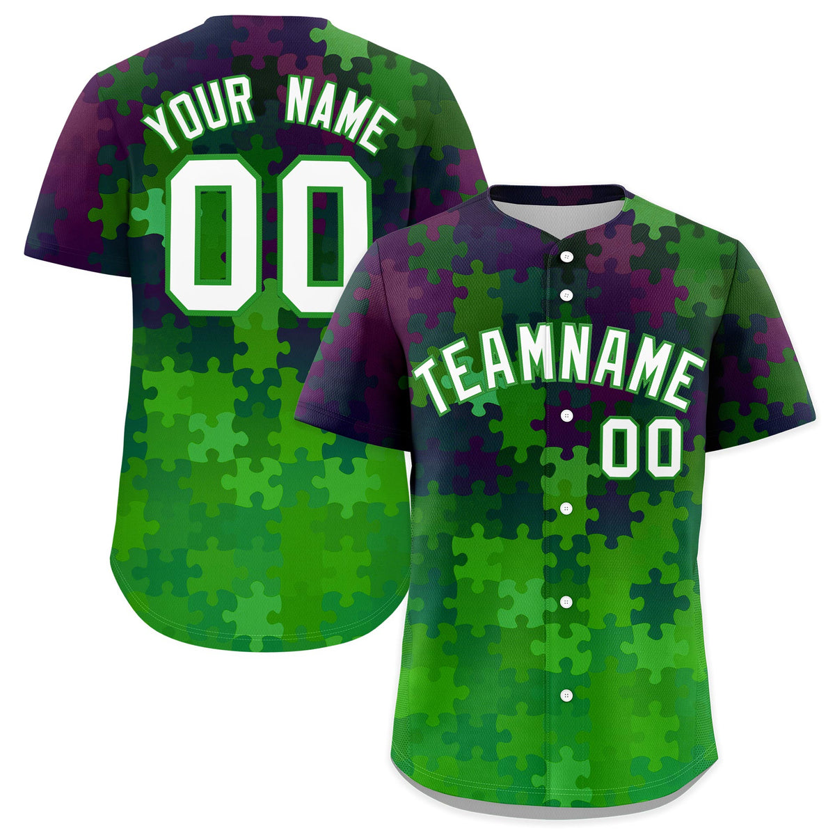 Custom White Light Green Puzzle Elements Baseball Jersey | Sublimation Printed &amp; Stitched,Add Name and Numbern,Perfect for Teams | KXKSHOP