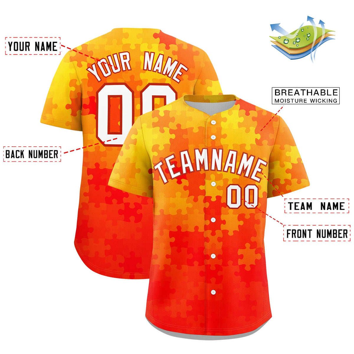 Custom White Red Puzzle Elements Baseball Jersey | Sublimation Printed &amp; Stitched,Add Name and Numbern,Perfect for Teams | KXKSHOP