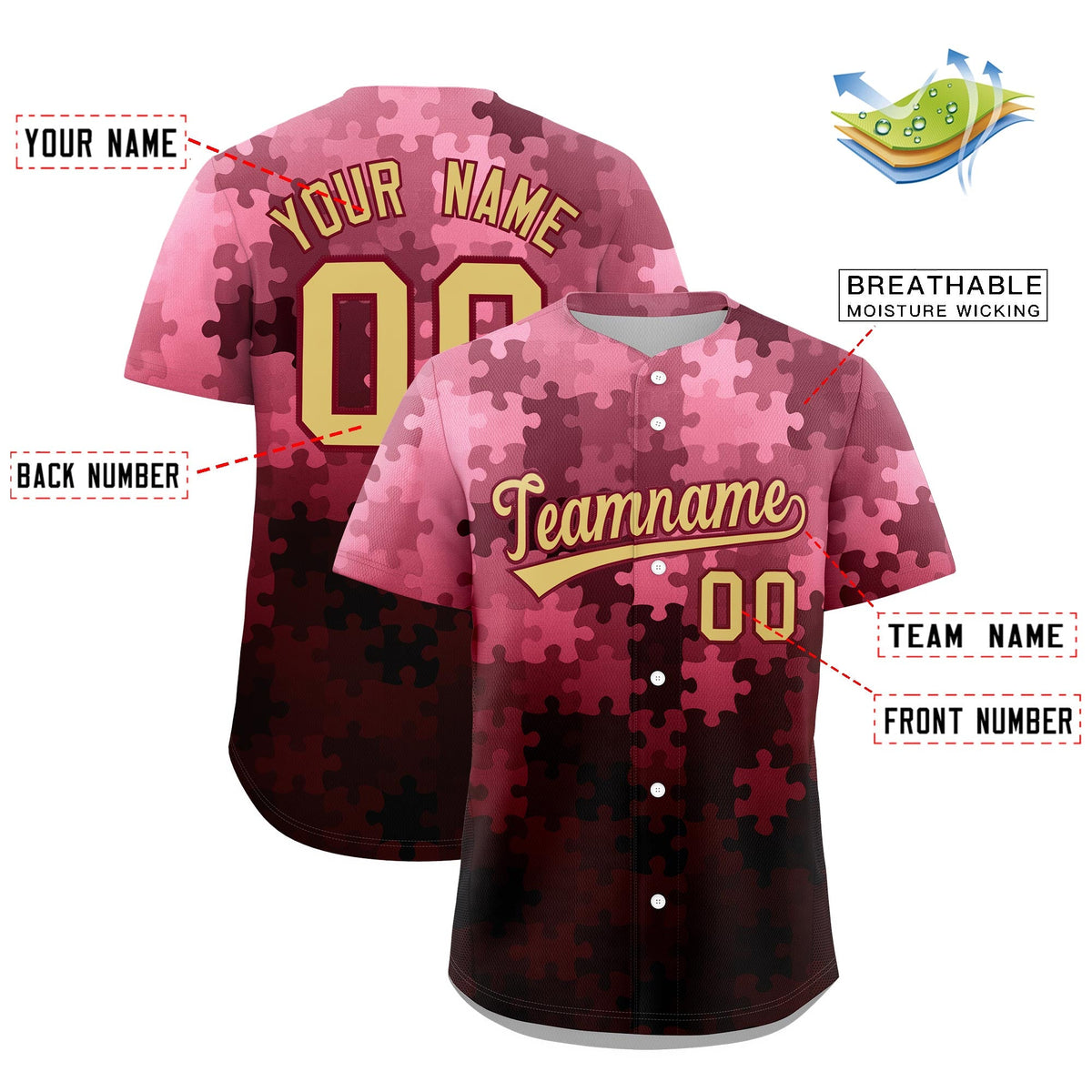 Custom Khaki Crimson Puzzle Elements Baseball Jersey | Sublimation Printed &amp; Stitched,Add Name and Numbern,Perfect for Teams | KXKSHOP