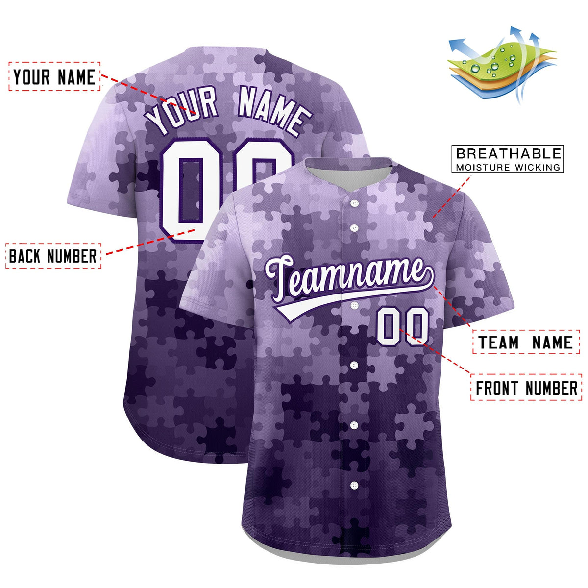 Custom White Purple Puzzle Elements Baseball Jersey | Sublimation Printed &amp; Stitched,Add Name and Numbern,Perfect for Teams | KXKSHOP